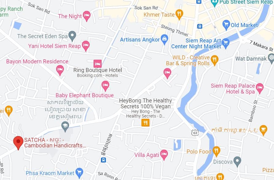 Map locating the Satcha Handicraft Center on BBU Road, Siem Reap.